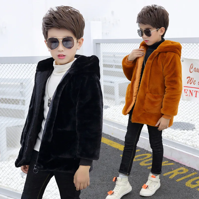 Ropa de invierno para bebés y niños, abrigo de lana de piel sintética, chaqueta cálida, traje de nieve de Navidad, chaqueta con capucha para bebés de 2 a 15 años