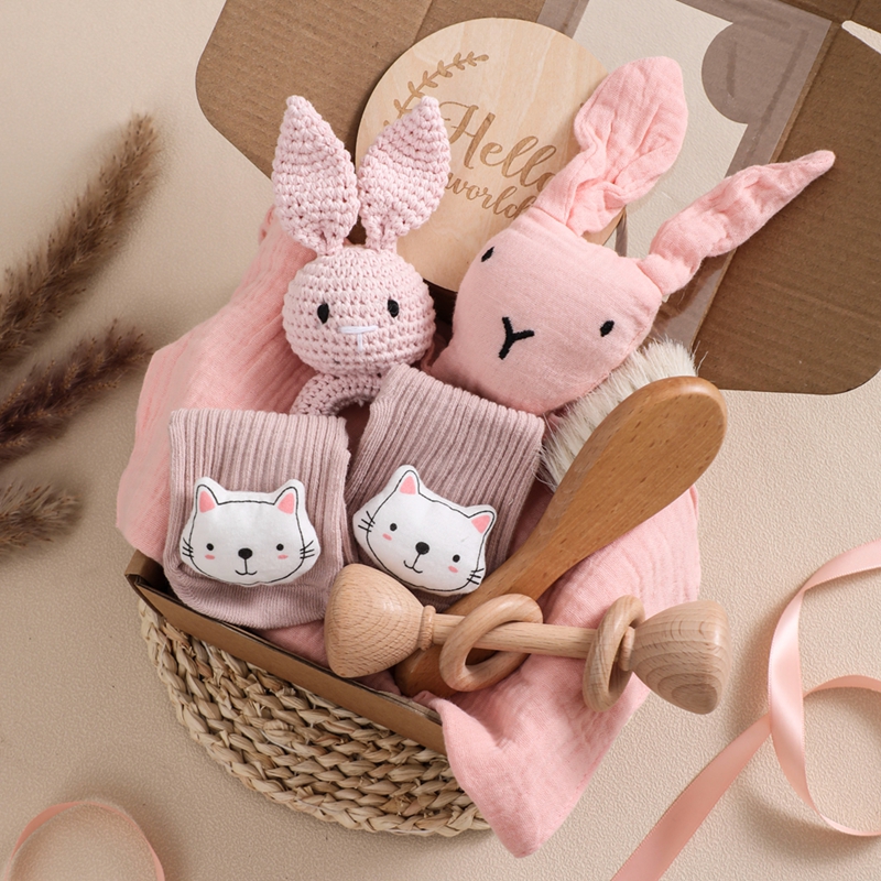 Laten We Babybadspeelgoed Set Dubbelzijdige Katoenen Dekens Maken Gehaakte Rammelaar Houten Ring Baby Teether Badborstel Voor Pasgeboren Cadeau