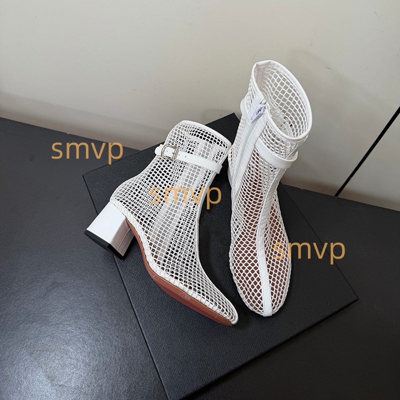 Women's White Mesh Ankle Boots Square Toe Chunky Heel Hollow Out Breathable Net Booties Buckle Strap Summer Dress Shoes