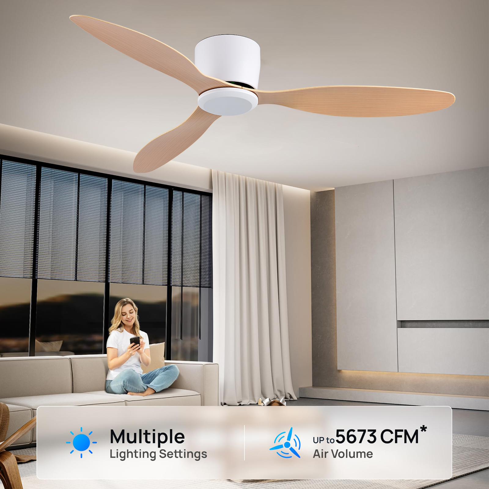 IRALAN-Ventilateur de plafond sans lumière, minuterie, 6 vitesses réversibles, chambre extérieure, salon, blanc, noir, bois, 42 po, 52 po