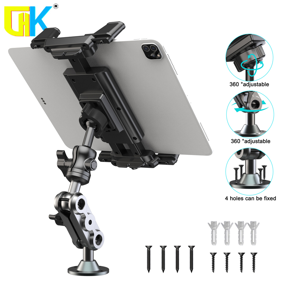 Support de téléphone de voiture en aluminium, Base de forage robuste, support de tablette, tableau de bord de voiture 360 °   Support réglable en 2 étapes pour iPad 4,7-13"