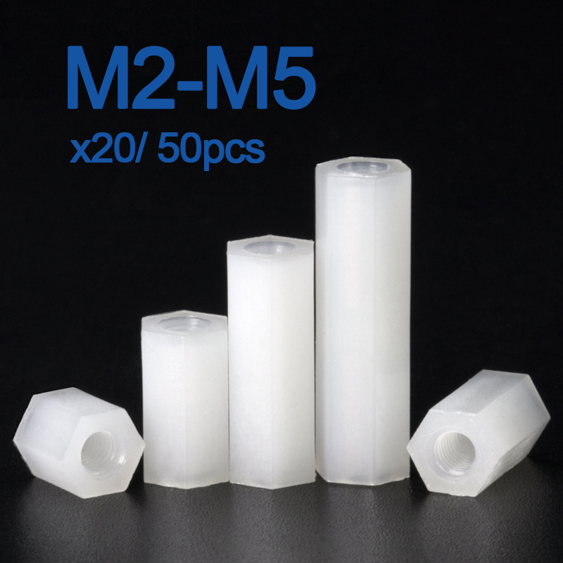 20/50 Peças Espaçador Hexagonal de Nylon Branco Fêmea-Fêmea M2 M2.5 M3 M4*L Comprimento 5~50mm