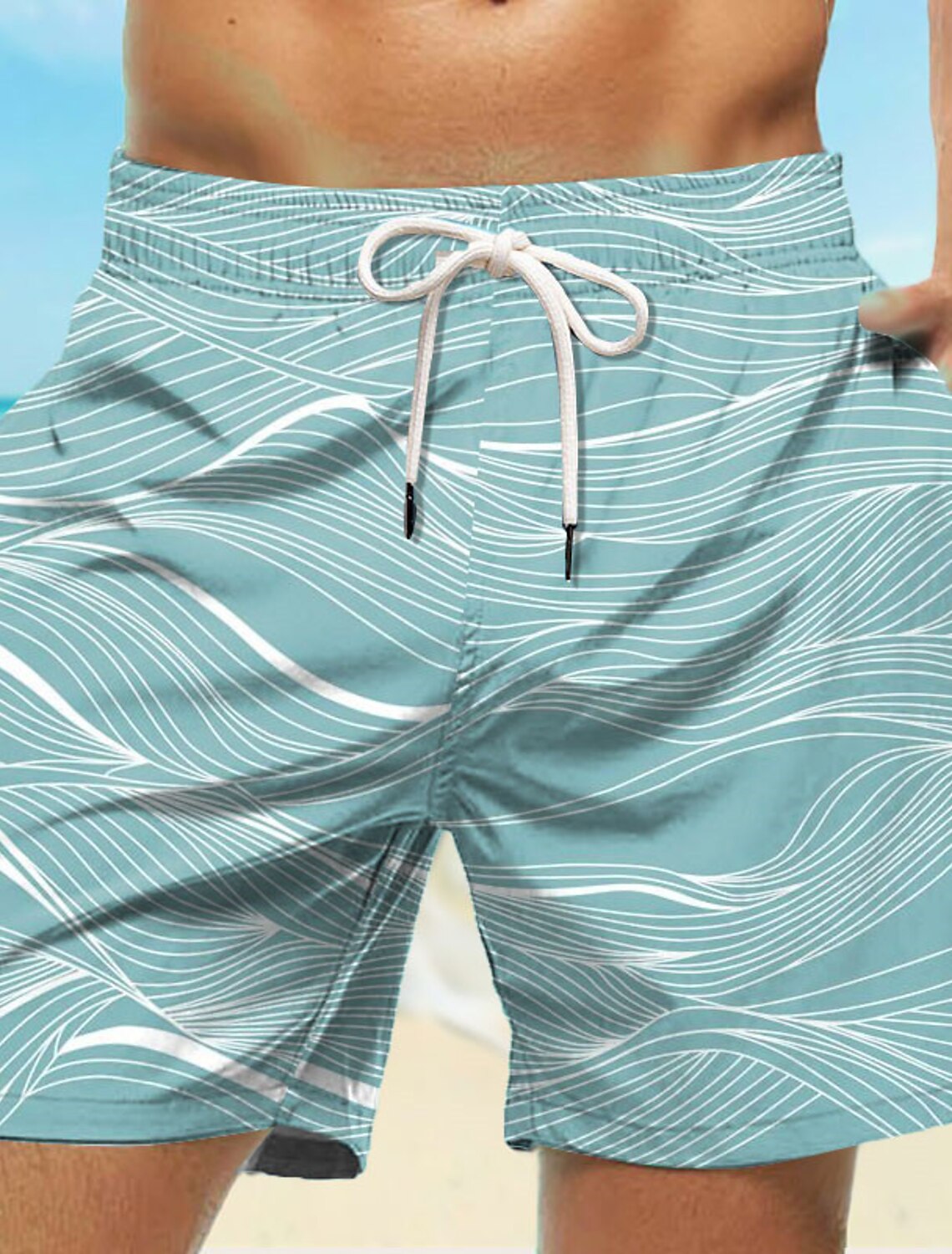 Nuevos pantalones cortos de baño para hombre, bañadores con cordón, ondas, estampados gráficos, secado rápido, vacaciones informales hawaianas