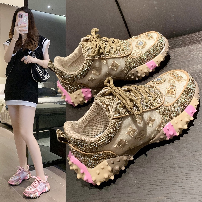 Damskie luksusowe sportowe buty casual z diamentami, gruba podeszwa, designerskie buty, siateczkowa wentylacja, antypoślizgowe buty do tenisa i biegania.