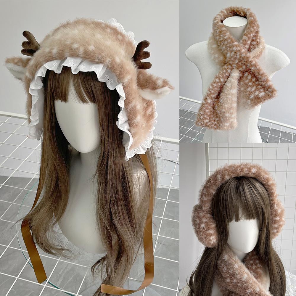 Deer Ears Antlers Hairband Reindeer Furry Thicken Earmuffs Faux Fur Padded Warm Long Scarves Christmas Elk Plush DIY Soft Scarf