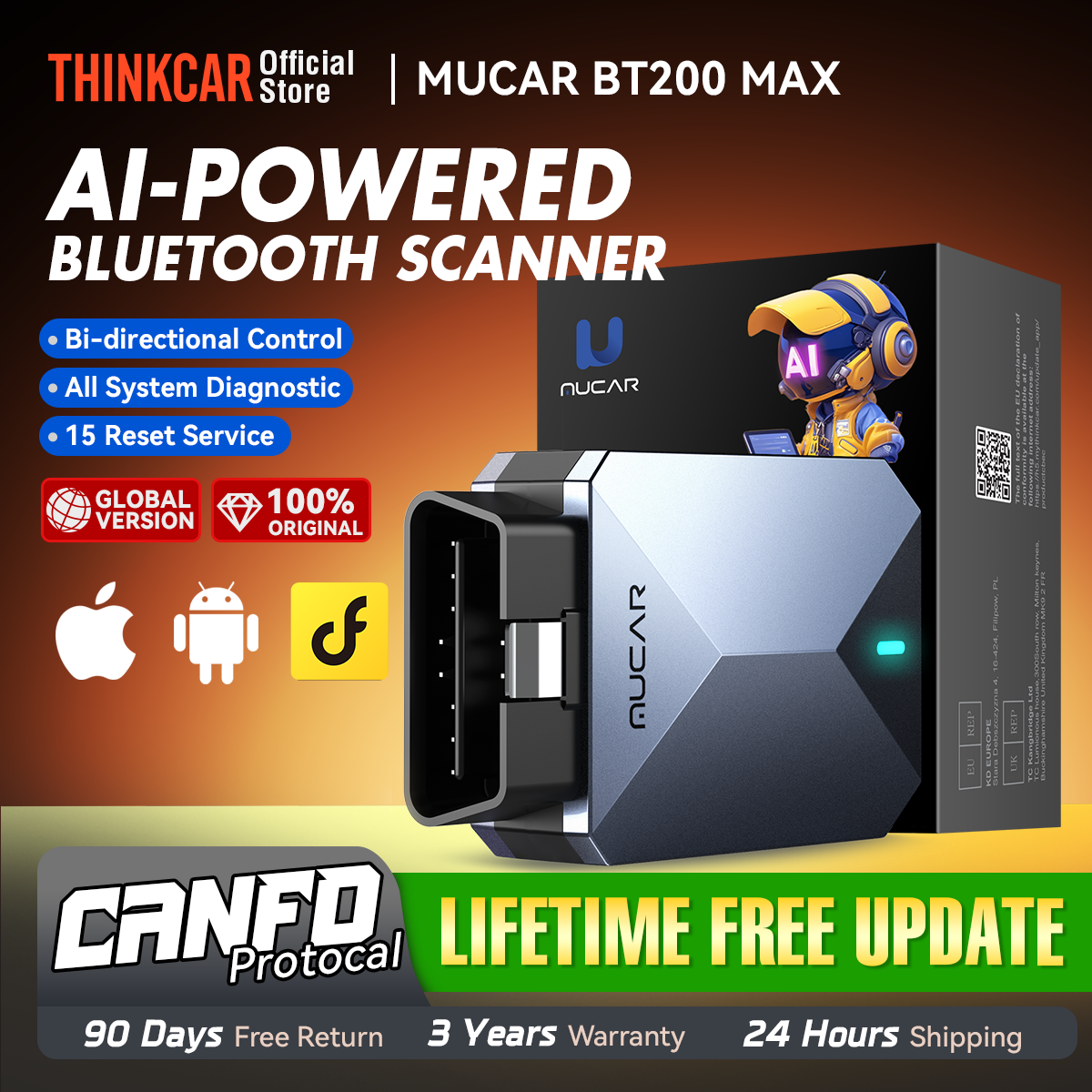 Автосканер MUCAR BT200 MAX AI с поддержкой OBD2, Bluetooth, двунаправленной связи CANFD, 15 функций сброса, полная диагностика всех систем для всех автомобилей, пожизненная бесплатная подписка.