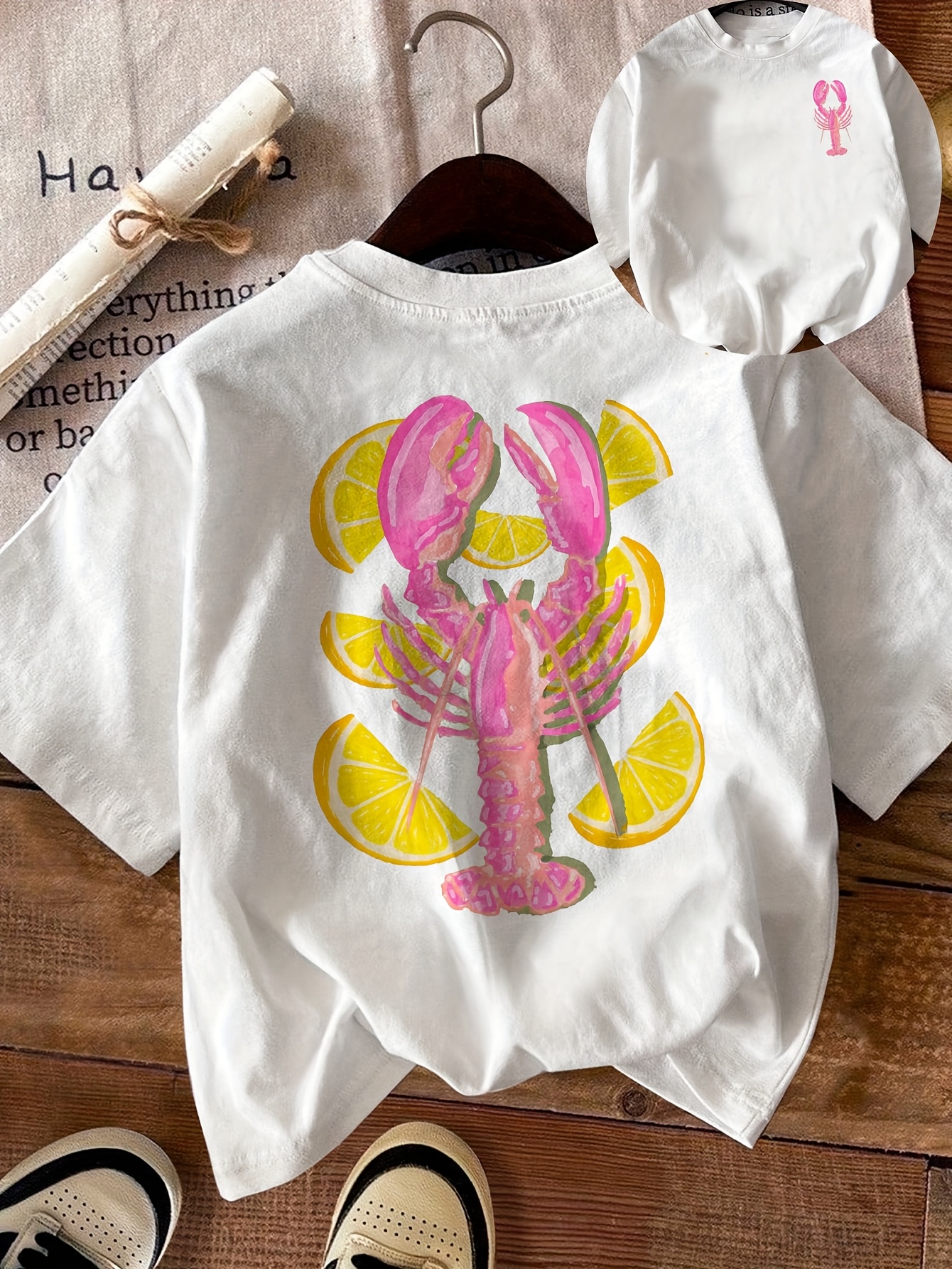 Camiseta gráfica 100% algodón con estampado de langosta y rebanada de limón para mujer, camiseta superior de verano de manga corta, ropa de playa Adies