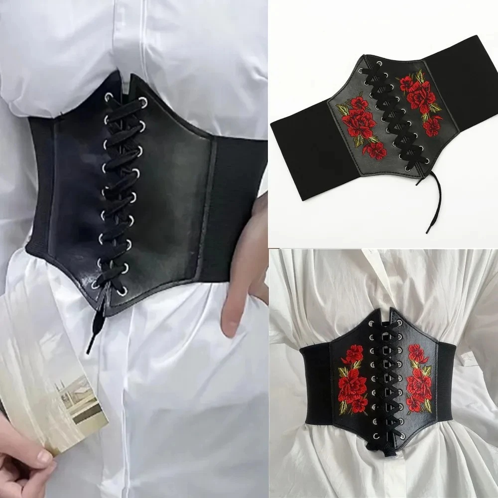 Cinturón de corsé para mujer, moda gótica, fajas con bordado de flores de PU, banda de cintura adelgazante para mujer, cinturón ancho negro Vintage para niña