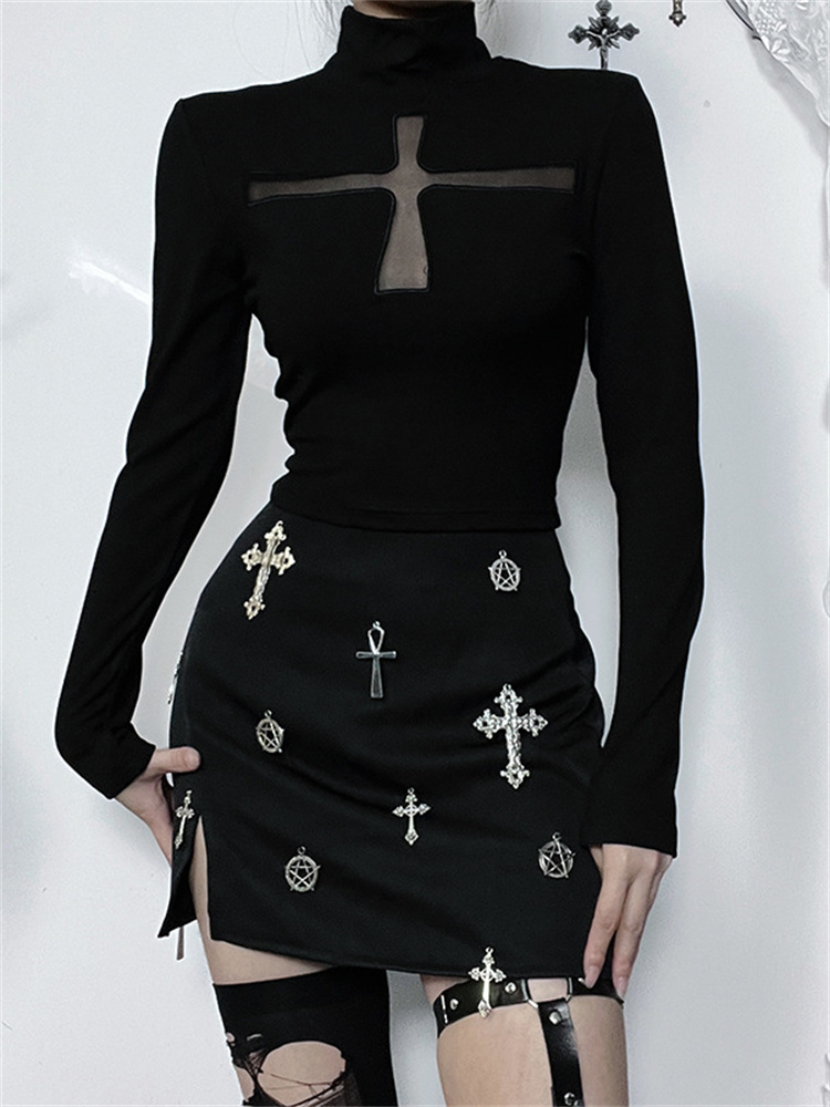 Gothic Dark Cross HollowแขนยาวHarajuku Y2K Vintage Punkเซ็กซี่มุมมองแฟชั่นสไตล์Slimผู้หญิง2023ฤดูใบไม้ร่วงใหม่