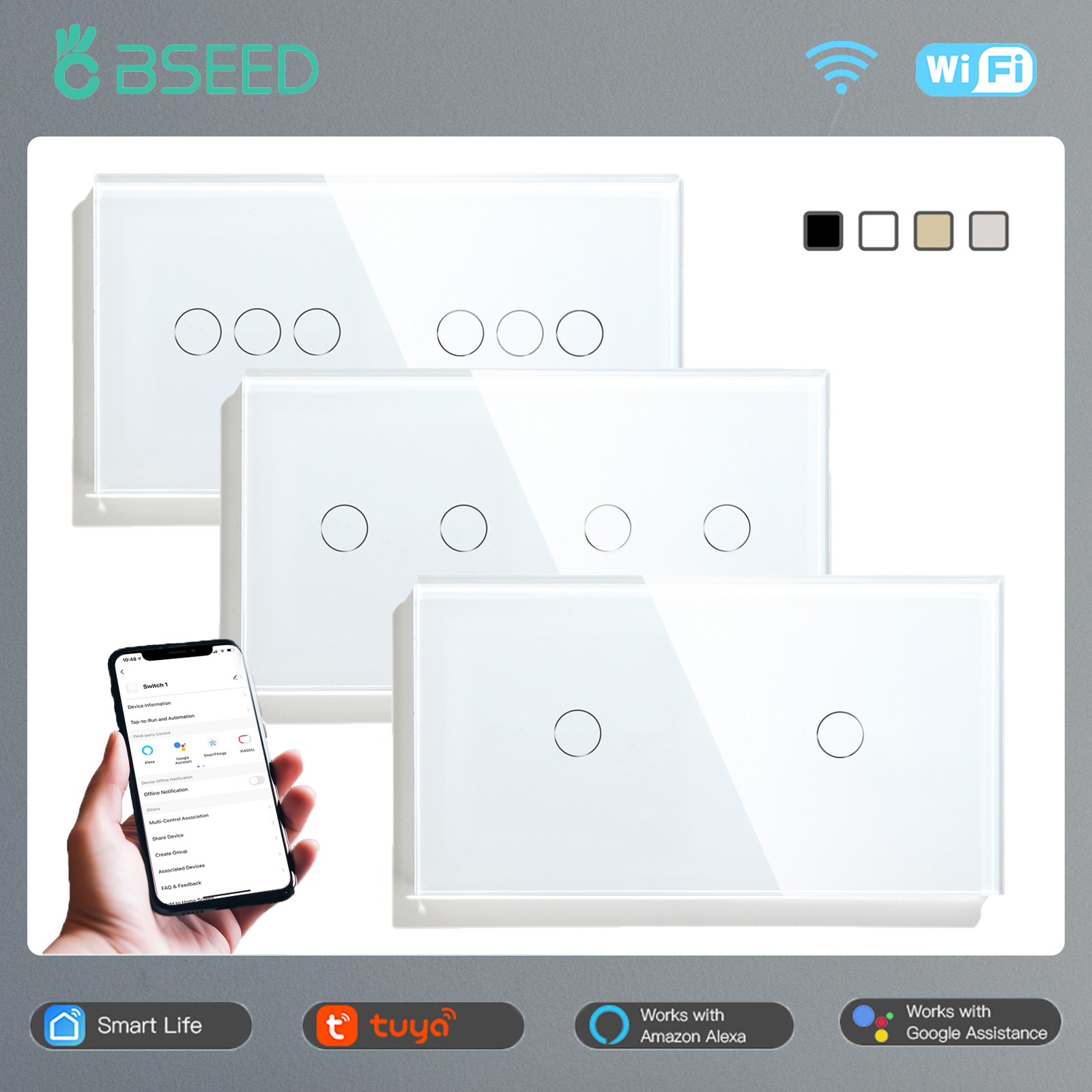 BSEED WIFI Podwójne włączniki światła 2/4/6 Gang 1/2/3 Way Bezprzewodowe przełączniki ścienne z czujnikiem dotykowym Google Alexa Smart Life App Control