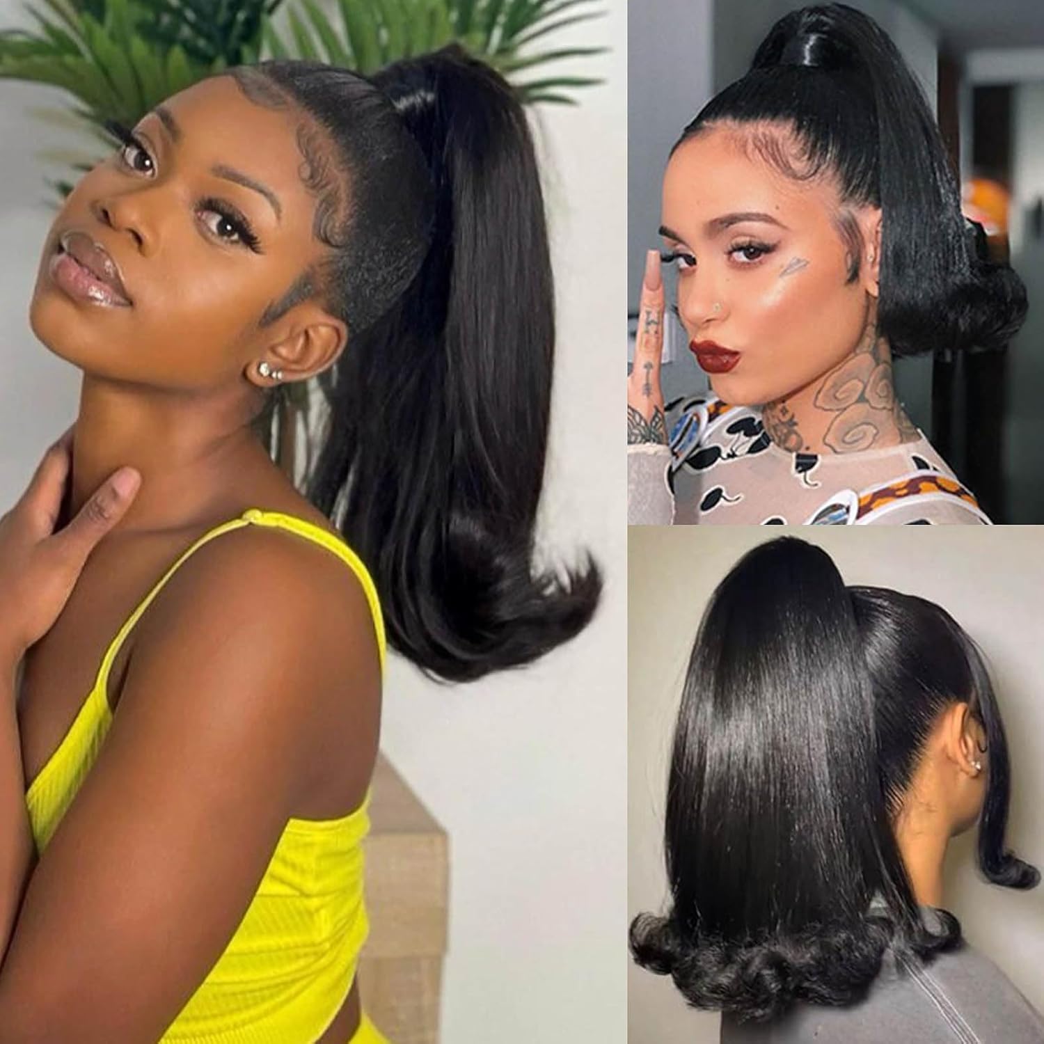 Ekor Sintetis Warping 16 "Potongan Rambut Lurus Keriting Ekstensi Rambut Ekor Kuda Serut Hitam Alami untuk Penggunaan Pesta Sehari-hari Wanita
