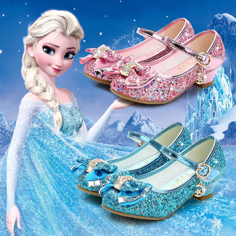 プリンセスキッズレザーシューズ女の子用フラワーカジュアルグリッター子供ハイヒール女の子靴バタフライノットブルーピンクシルバー