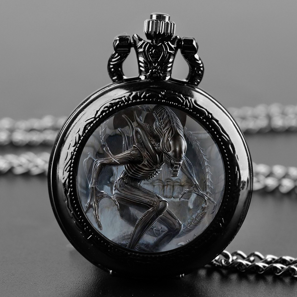 Xenomorph alienígena ‌   Design exclusivo presentes vintage algarismos árabes relógio de bolso de quartzo colar pingente relógio corrente presentes masculinos para meninos