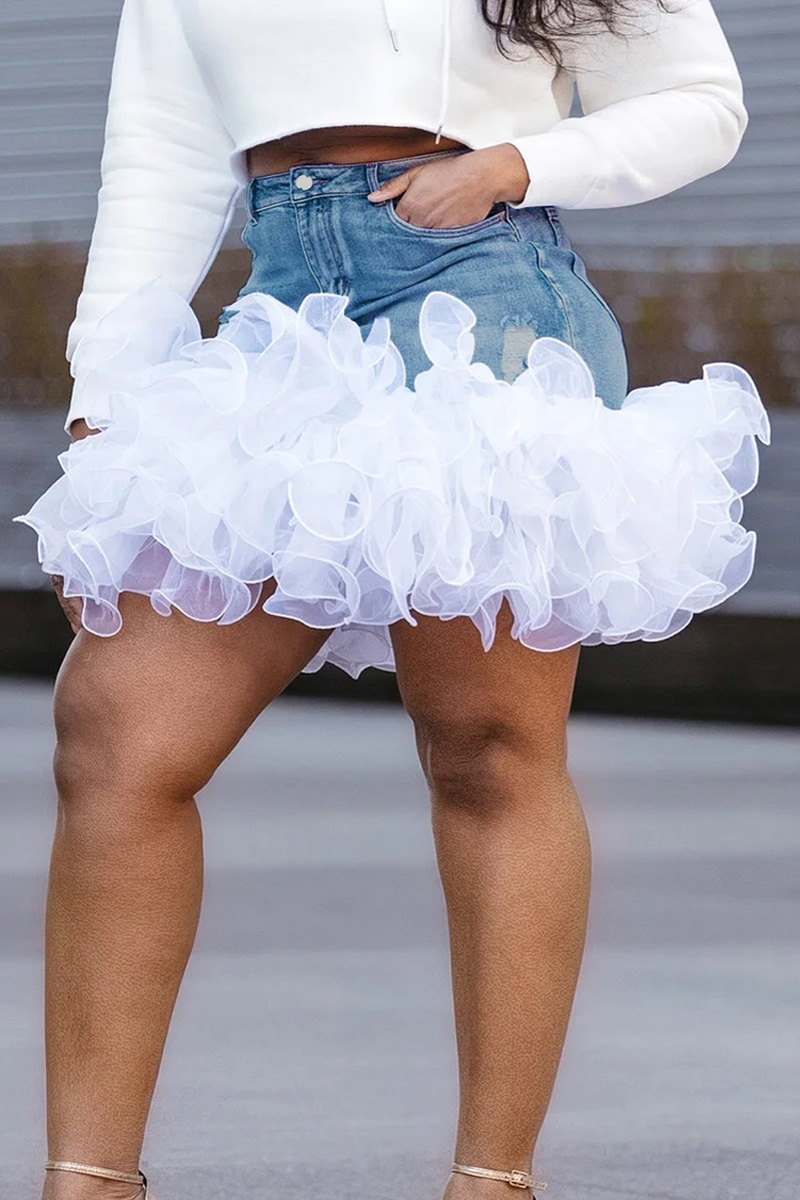 Falda vaquera informal azul de talla grande con bolsillos de tul, ropa de calle sexi de cintura alta, minifaldas Vintage para mujer, falda de moda de verano