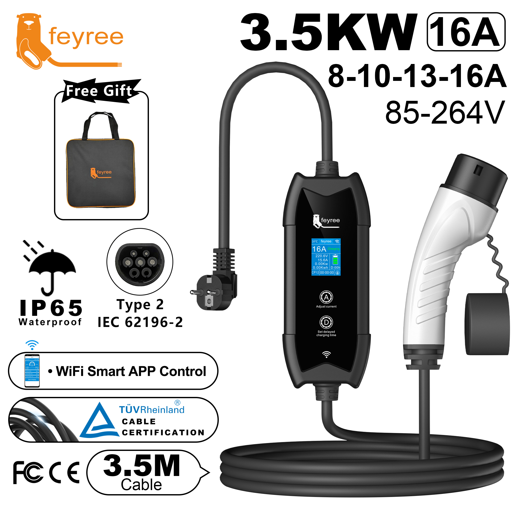 Przenośna ładowarka EV Feyree Typ 2 IEC62196-2 EVSE Szybkie ładowanie Kabel 3,5M EVSE Wallbox WiFi APP Bluetooth Sterowanie bezprzewodowe