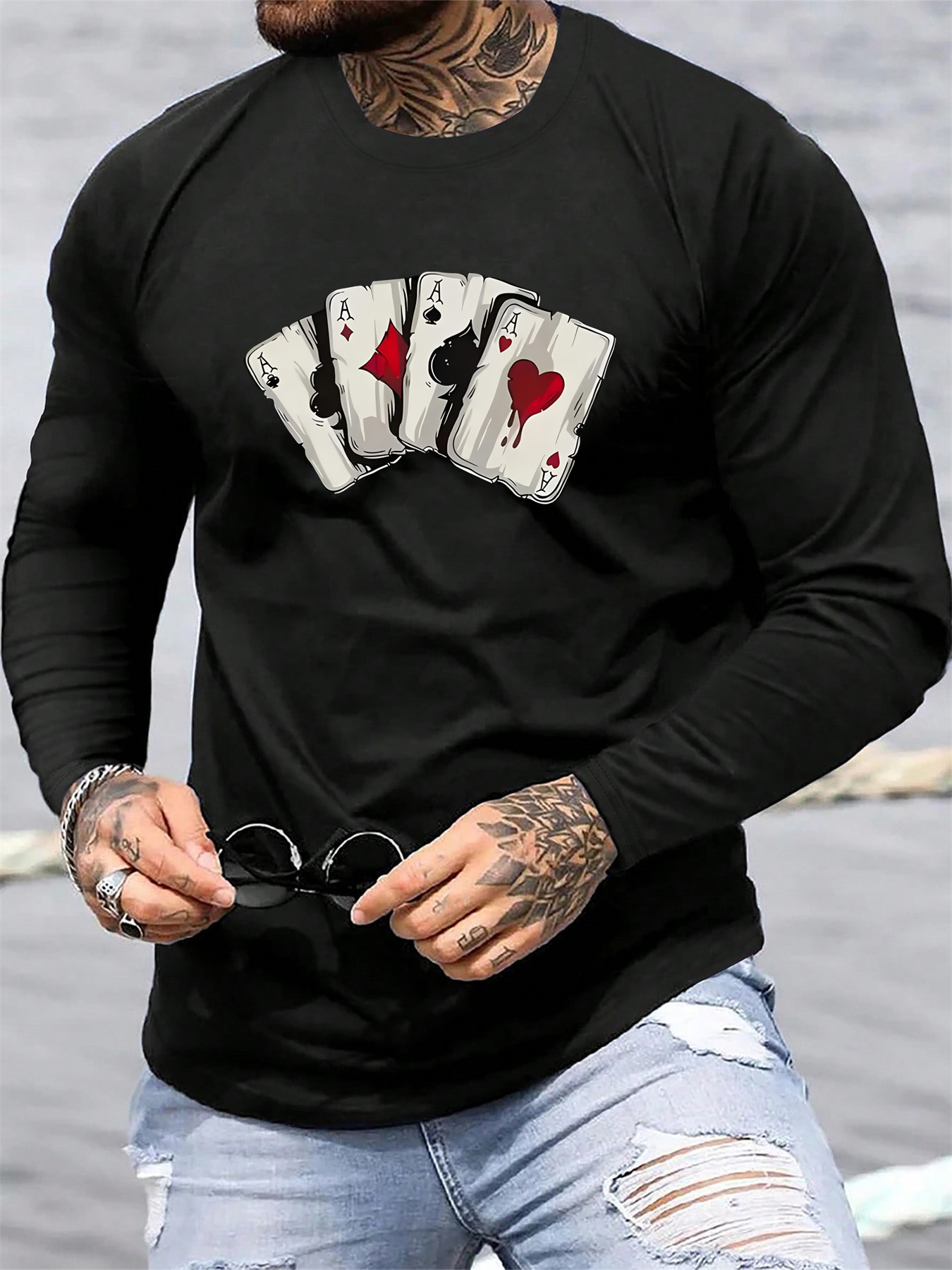 100% algodão puro masculino solto e confortável casual esportes poker cartão padrão impresso em torno do pescoço manga comprida camiseta topo
