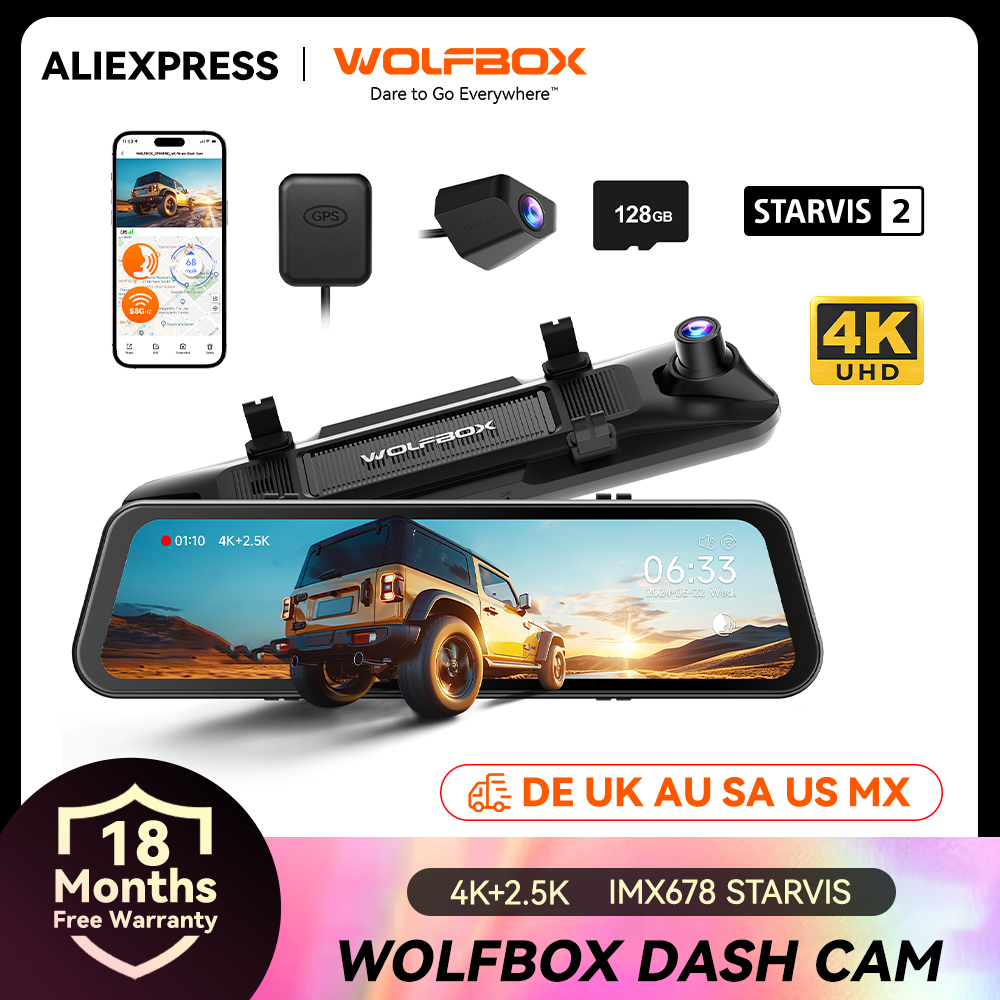 WOLFBOX G900 PRO Kamera samochodowa z lusterkiem wstecznym 4K+2.5K, sterowanie głosowe, Wi-Fi 5GHZ i GPS, rejestrator wideo, kamera przednia i tylna