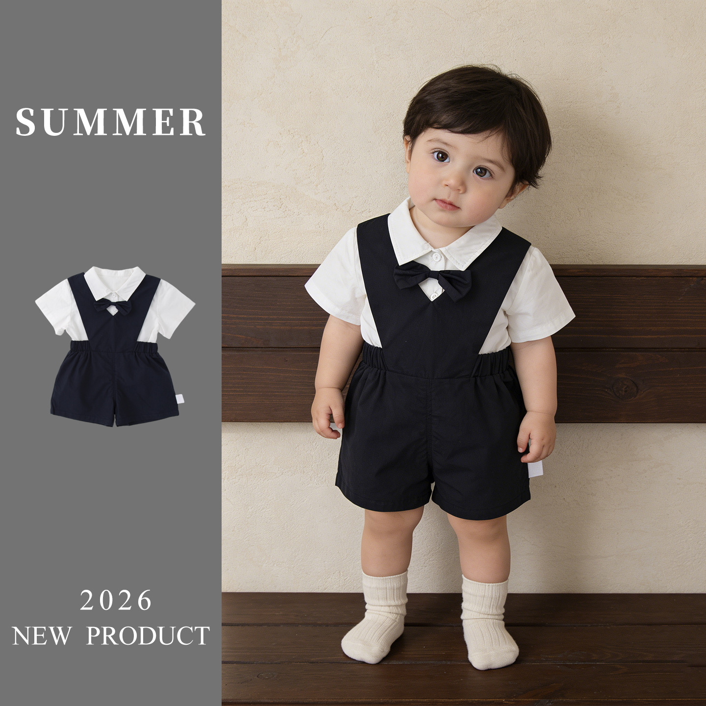 Setelan Overall 2 Potong Bayi Laki-laki Gentleman Kemeja Putih Dasi Kupu-kupu + Celana Pendek Suspender Pakaian Ulang Tahun Pertama Setelan Tampan Anak-anak