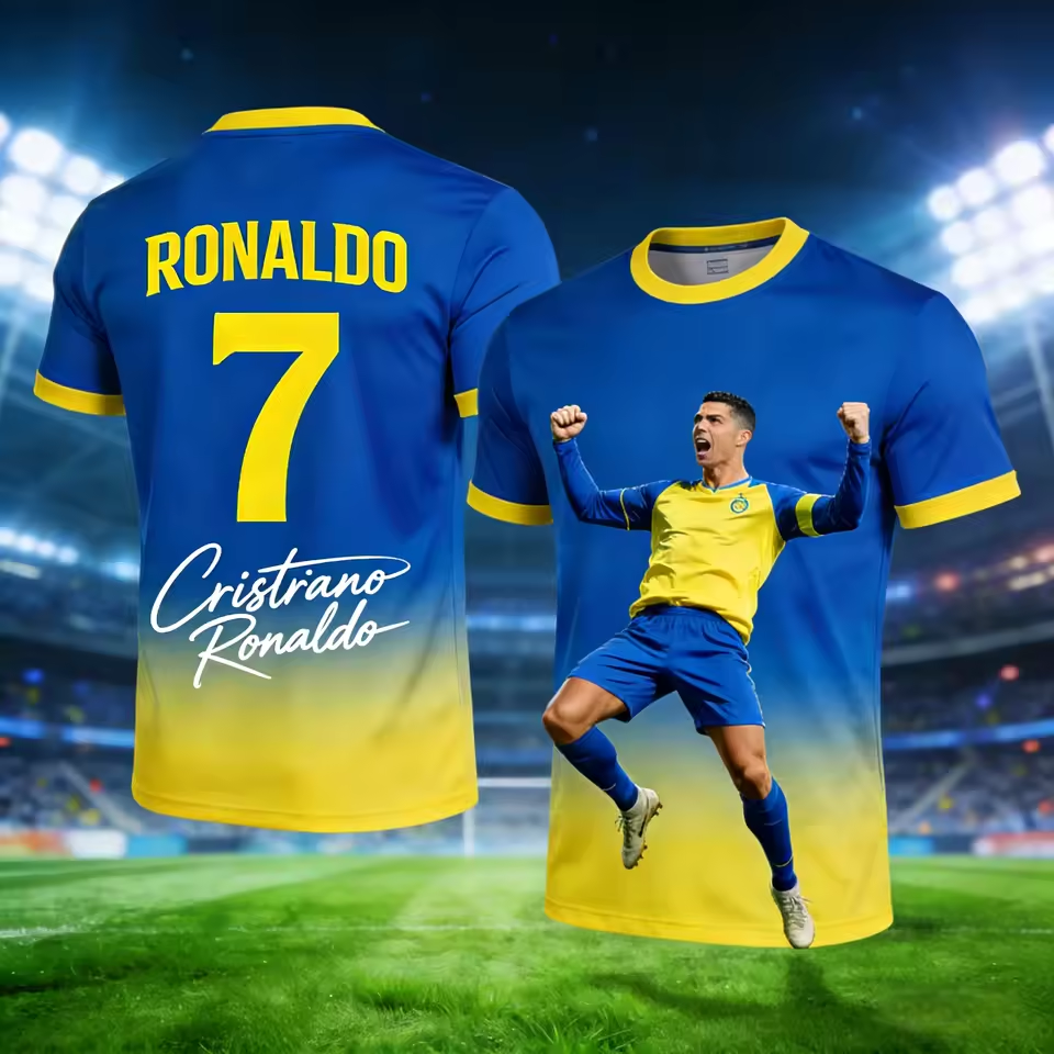 Maglia da Calcio Ronaldo 7 Stampa 3D Sportiva ad Asciugatura Rapida Traspirante T-Shirt da Uomo Uniforme da Allenamento Squadra Club Genitore-Figlio Manica Corta