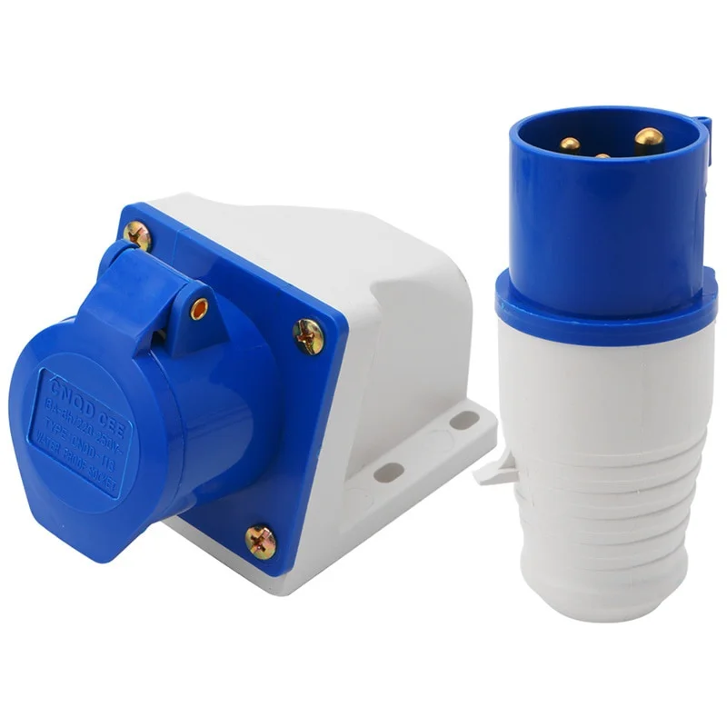 Plugue industrial de 16 Ampères e 3 pinos + soquete 220-250V à prova de intempéries IP44 2P + E 3 fases 16A