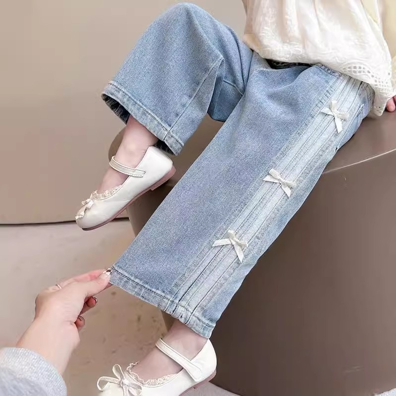 Baby Girls Bow Jeans 2025 Kids Spring Autumn Loose long Pants New Children's Straight Wide-leg Trousers Toddler Casual Clothing