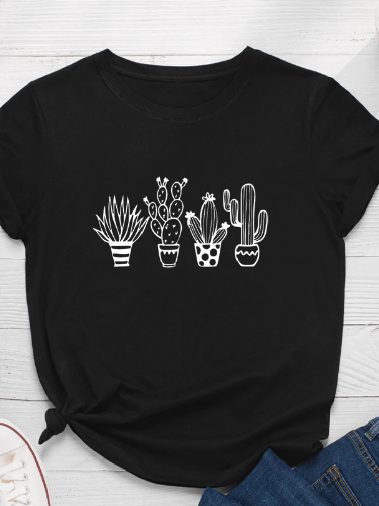 Camiseta solta de manga curta gola O feminina, estampa de cactos vegetais, camiseta feminina, tops roupas