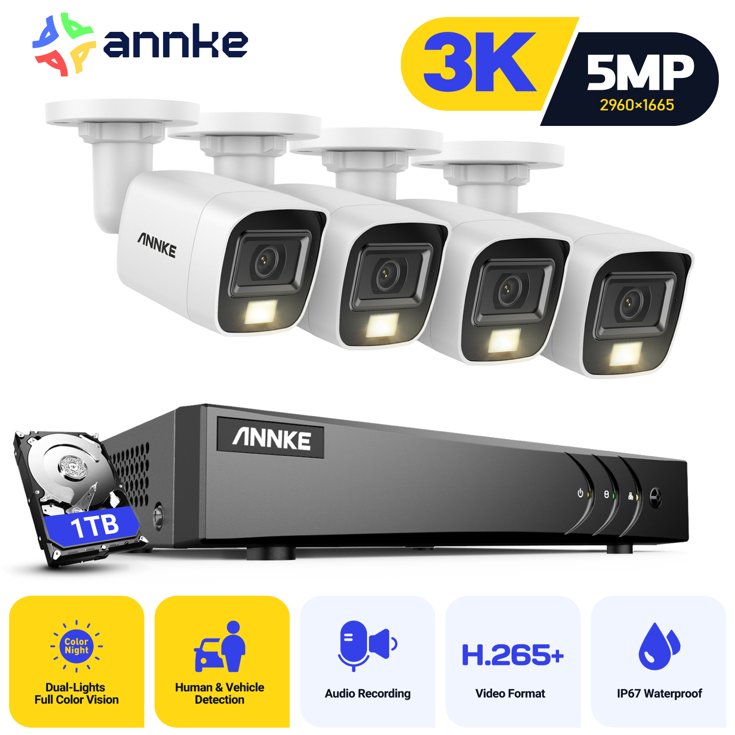ANNKE 8CH 5MP Video Beveiligingssysteem CCTV Kit DVR Audio Beveiligingssysteem Outdoor Kleur Nachtzicht Dual-Light Audio camera