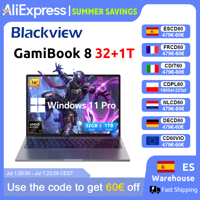 Blackview ‎ GamiBook 8 AMD R7 7735HS 16-Zoll-Laptop mit 5000 mAh Akku, 16 GB LPDDR5 RAM, 512 GB ROM, Windows 11 Pro, BT5.2, WLAN 6, Tastatur mit Hintergrundbeleuchtung