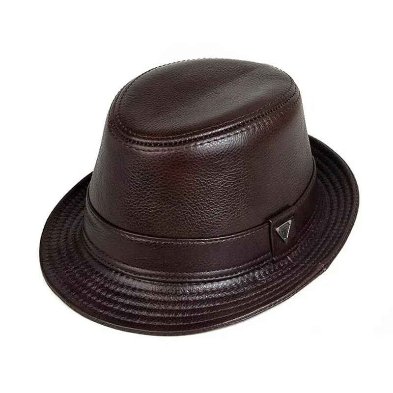 Nuevo 2023 hombre de alta calidad de cuero genuino Jazz Fedora Caballero piel de vaca ala corta negro/marrón ajustado sombrero superior espectáculos masculinos