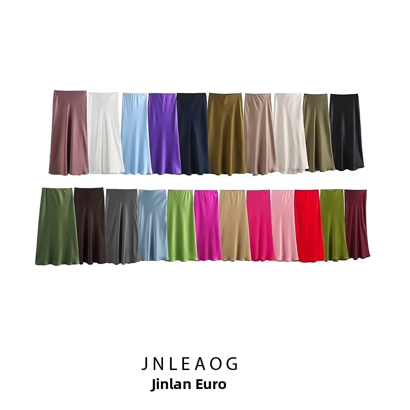JNLEAOG Nueva Falda Midi de Satén de Seda para Mujer, Estilo Francés, Color Puro, Casual, Corte en A, Cintura Alta, Sin Pliegues