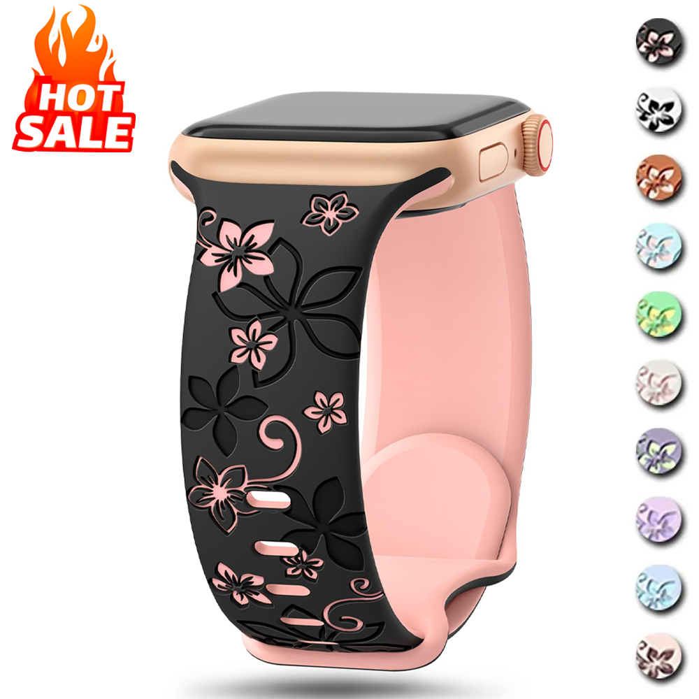 Correa con grabado Floral para Apple Watch, 46mm, 41mm, 40mm, 44mm, 45mm, 42mm, 49mm, silicona deportiva, iWatch Series 11 10 SE 9 8 Ultra 2