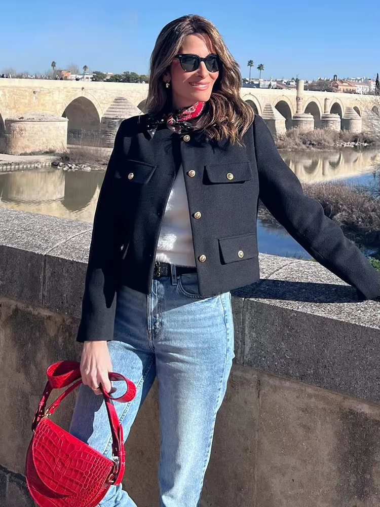 HH 2024 moda mujer Bomber chaquetas recortadas mujer chaqueta con botones dorados primavera mujer ropa de calle Chic prendas de vestir Top