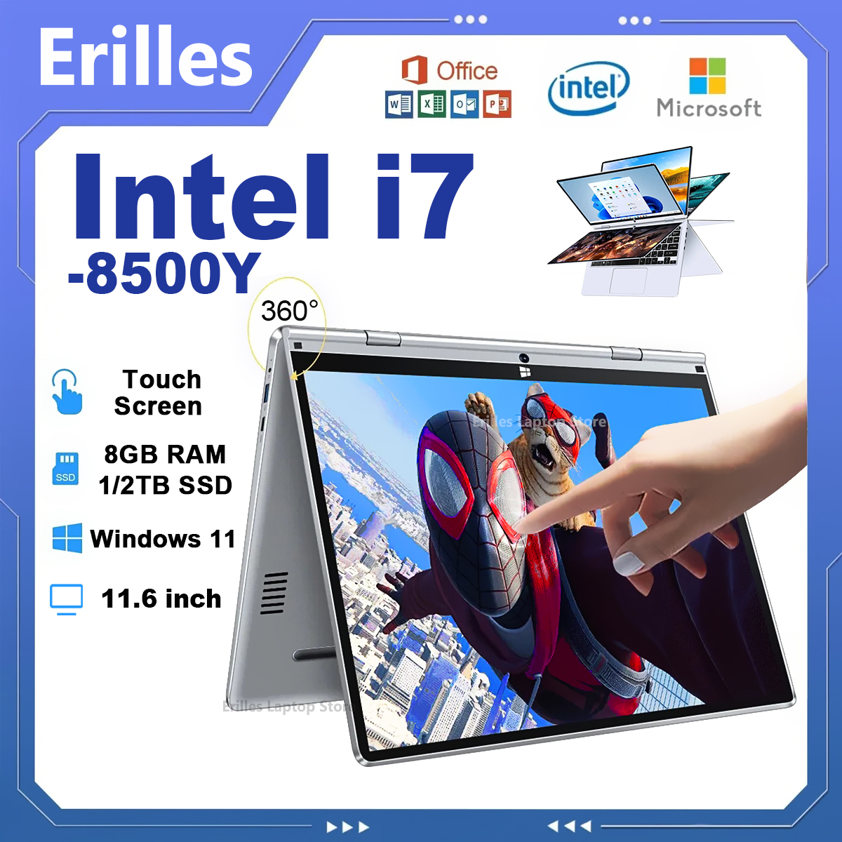 Laptop 2 w 1 z ekranem dotykowym 11,6 cala Intel Core i7-8500Y 8GB 1TB 2TB SSD Windows 11 Office Przenośny PC 360 °   Notatnik z klapką