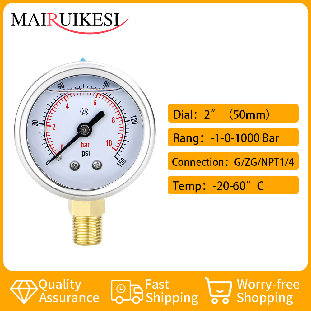 MAIRUIKESI 50mm(2") Manometer Glycerine vulling 0...1...400bar/psi messing Schroefdraadaansluiting Water Gas Brandstofmanometers