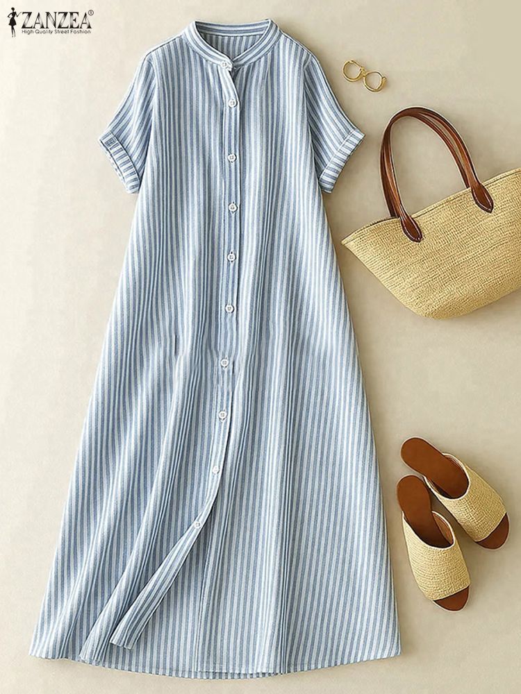 ZANZEA Damen Casual Gestreifte Midi-Kleider Stehkragen Kurzarm Knöpfe Hemdkleid Frühling Sommer Urlaub Frau Kleidung 3XL