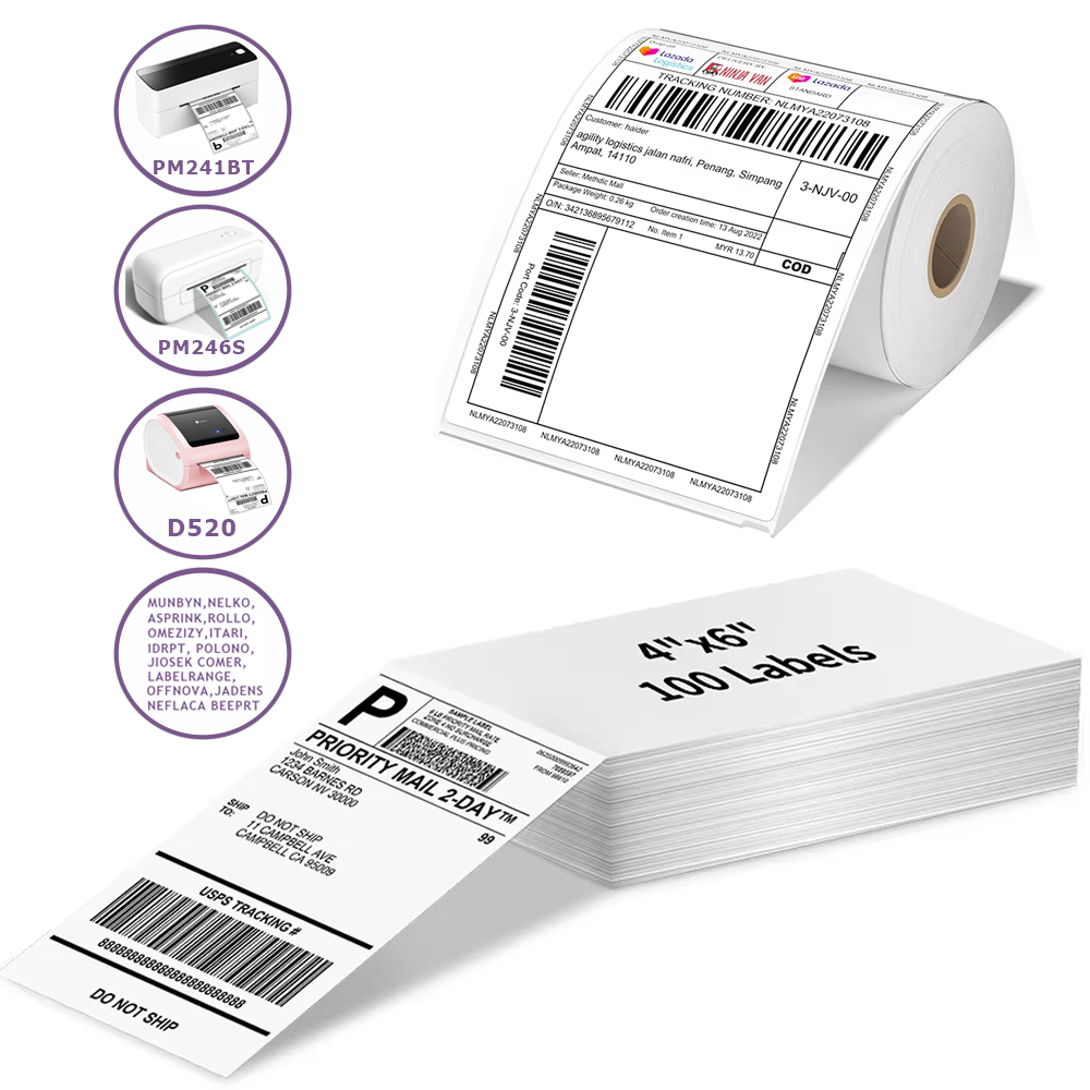 Phomemo A6 taille 4x6 ''4x4'' étiquettes d'expédition papier pliable 241BT 246S D520 DYMO 4XL zèbre Munbyn pour code à barres LOGO