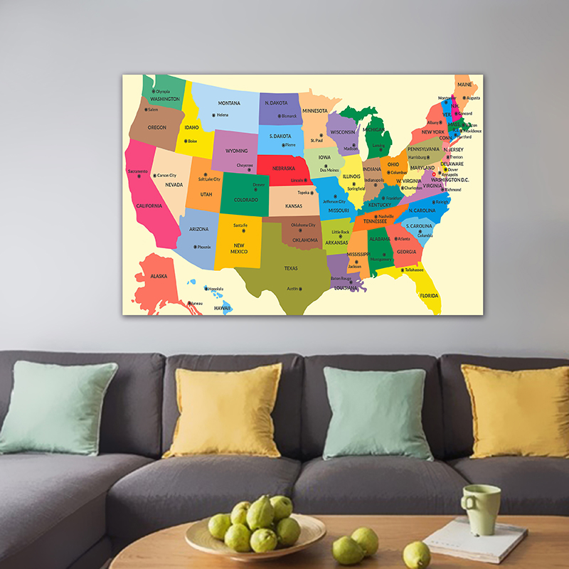 Mỹ Bản Đồ Trong Tiếng Anh 150*100Cm Tranh Canvas Trang Treo Tường Và Hình In Vật Dụng Văn Phòng Phòng Khách trang Trí Nhà Cửa