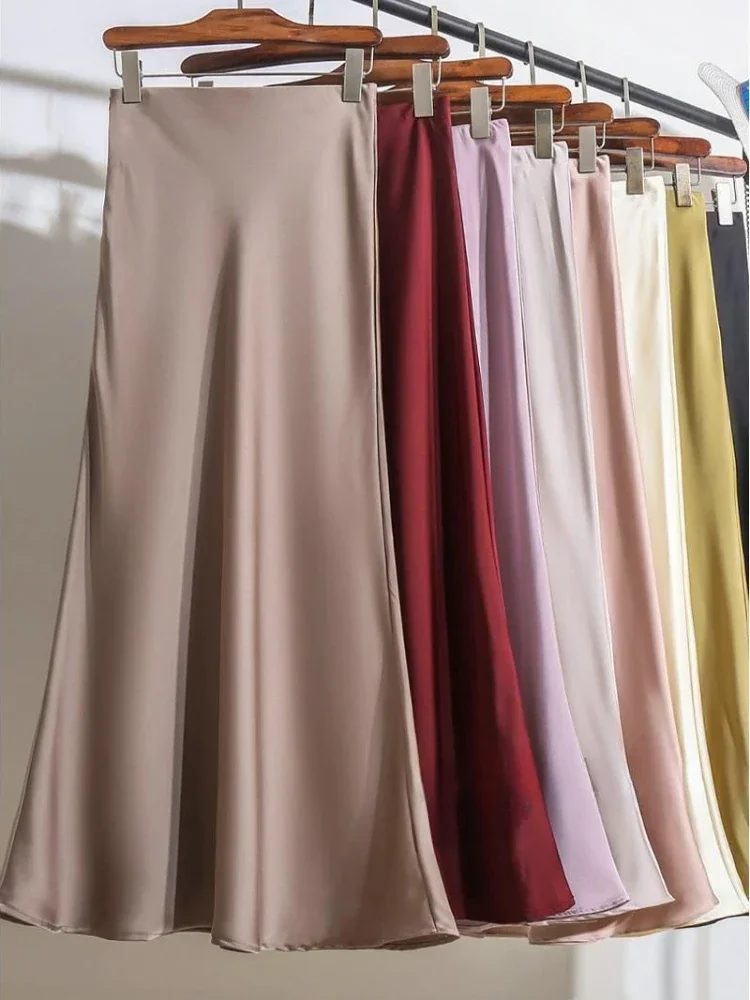 Rok Panjang Wanita 2026 Mode Baru Rok Satin Wanita Kantoran Pinggang Elastis Warna Solid Champagne Ungu Merah Sutra Rok A-LINE untuk Wanita