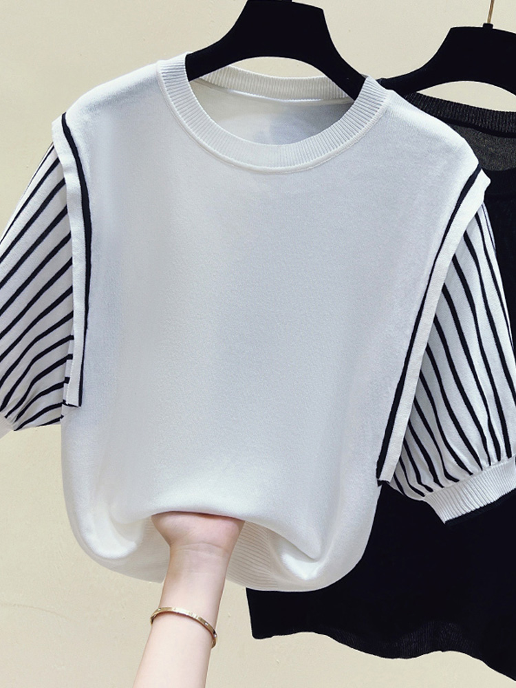Pull en tricot à rayures vintage pour femmes, pull à col rond, pulls respirants chics, t-shirt à manches courtes, été, Ice Inj, Y-2023
