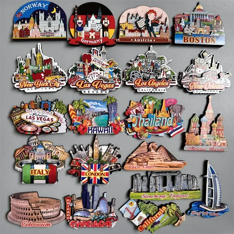 Russia Thailand Dubai Austria Las Vegas New York USA Germany Norway Italy London Wooden Fridge Magnets Tourist Souvenir