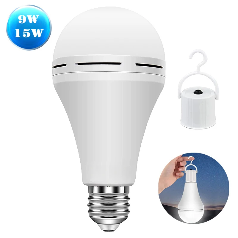 Ampoules LED rechargeables E27, 9/15W, haute luminosité, éclairage d'urgence, pour Camping en plein air, pêche, lampes portables