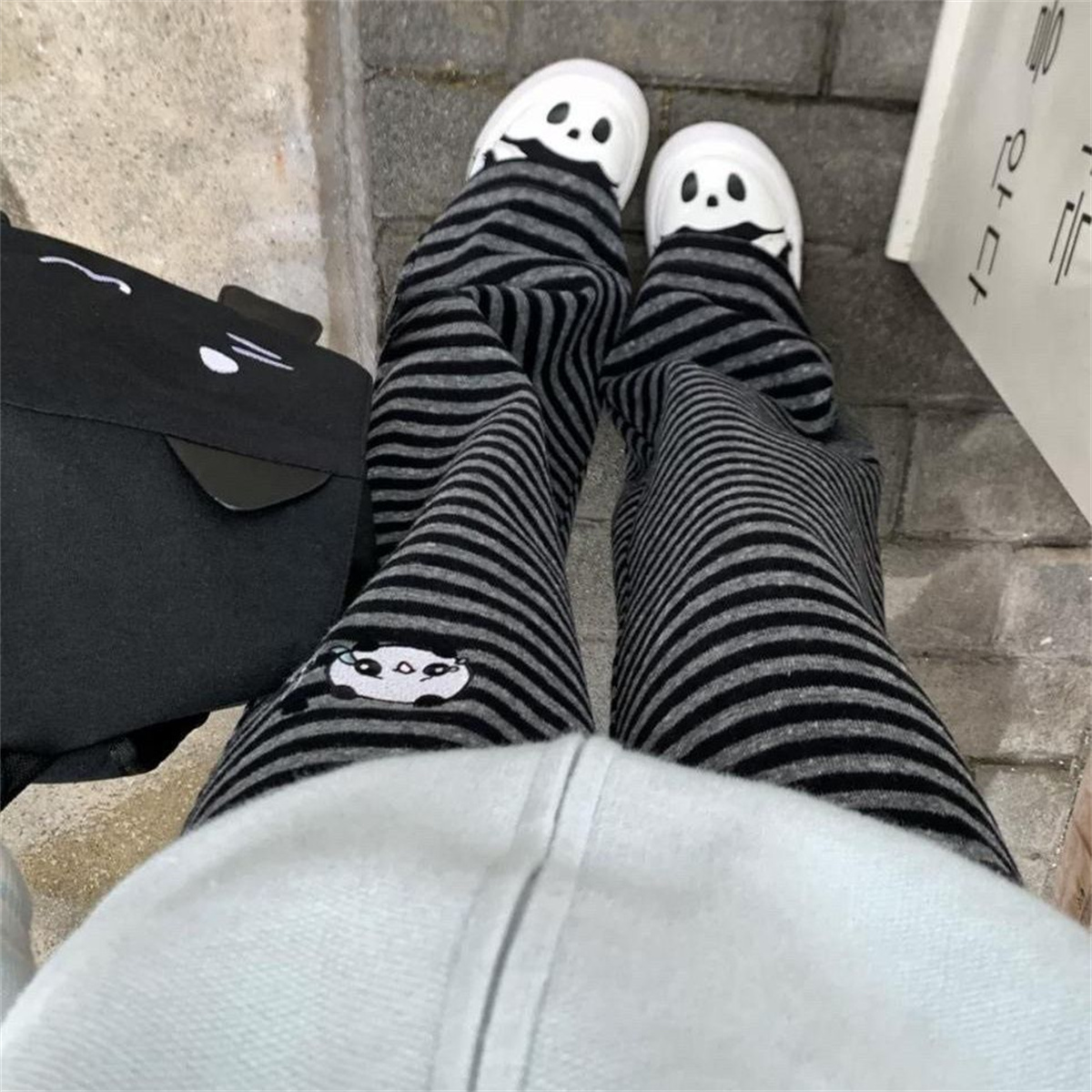 Harajuku Cartoon Embroidery Pants Women Kawaii Striped Loose Korean Trouser Shorts Y2K Subculture Vintage Female Wide Leg Pants