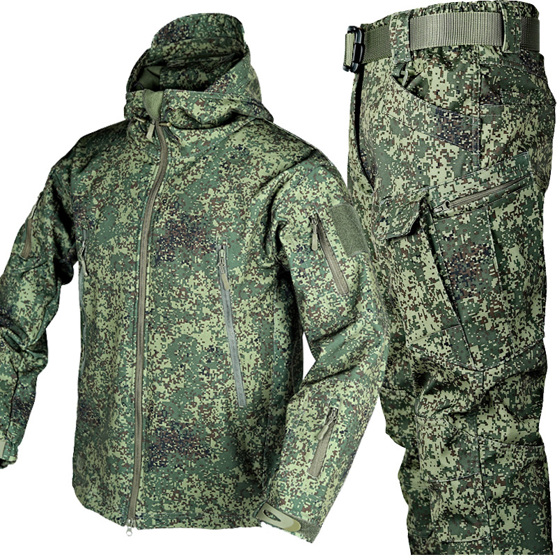 Conjuntos tácticos de camuflaje para hombre, chaquetas impermeables con capucha y cremallera de piel de tiburón, pantalones Softshell con múltiples bolsillos para exteriores, traje de carga de lana para invierno