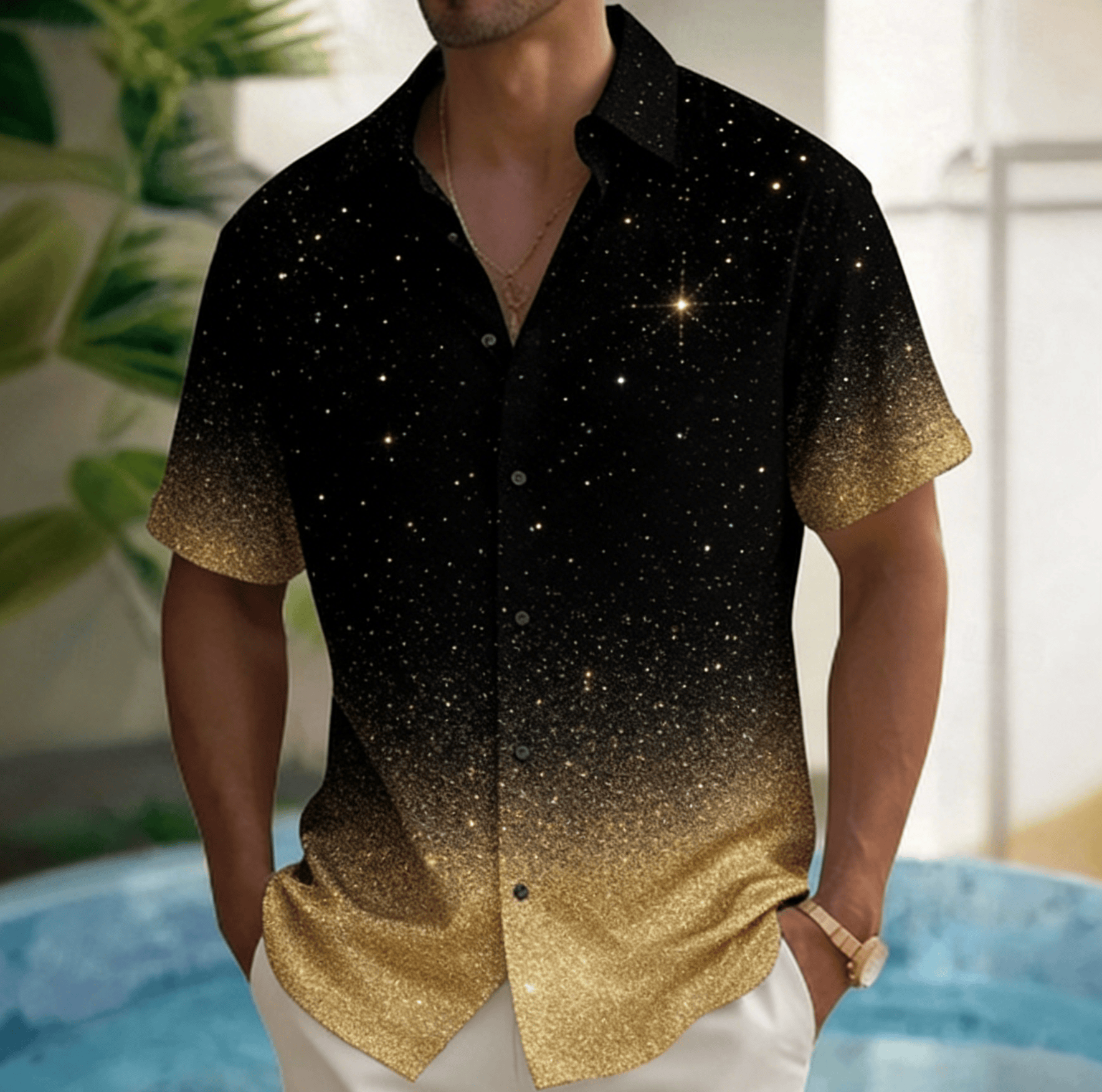 Herren-Hemd mit schwarzem, goldvergoldetem Fluid-Textur-Print, kurzärmelig, luxuriöse Premium-Bluse für Frühling und Sommer, lockeres, lässiges Oberteil