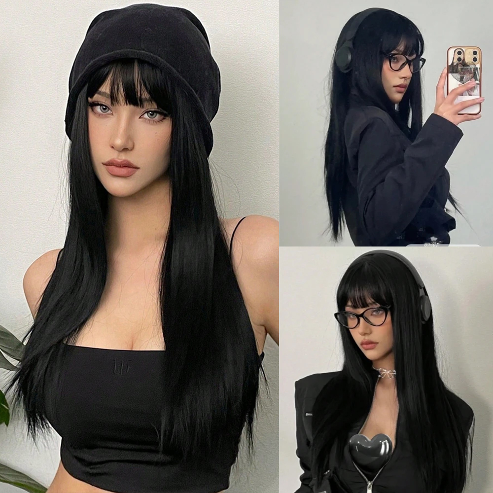 สังเคราะห์ยาว Silky ตรงวิกผม Bangs สีดําคอสเพลย์ปาร์ตี้ Lolita ผมวิกผมผู้หญิงวิกผมทนความร้อนธรรมชาติ