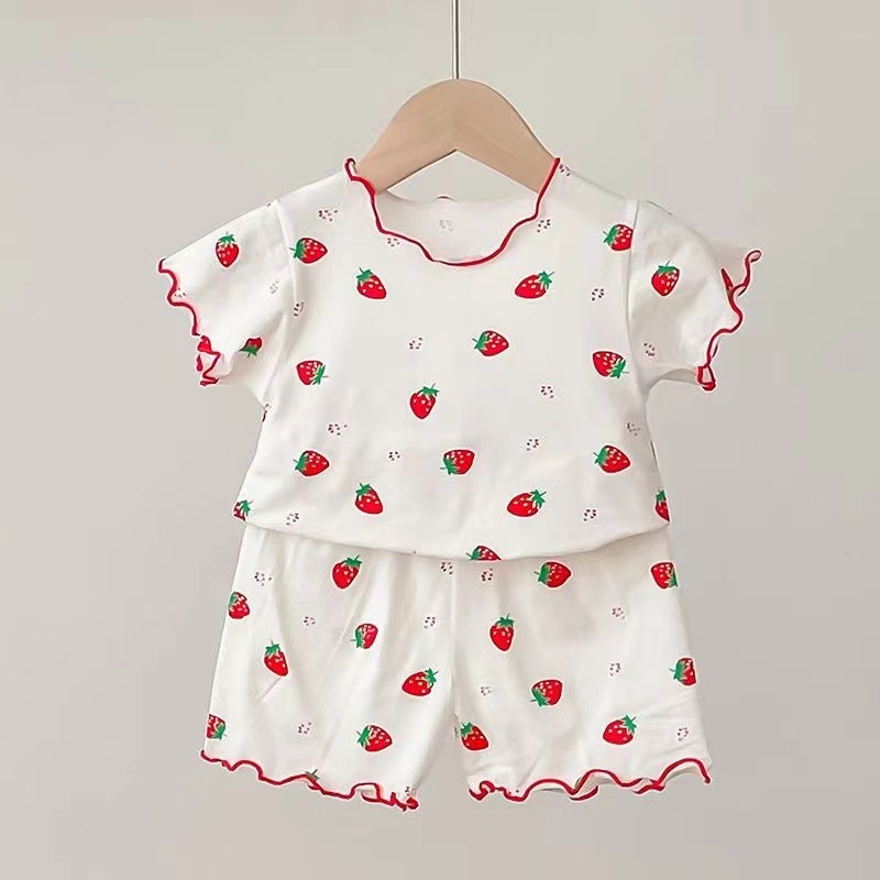 Conjunto de Pijamas de Morango para Menina Bebê, Verão, Manga Curta, Fino, Duas Peças, Roupas de Dormir para Crianças, Roupas para Uso em Casa