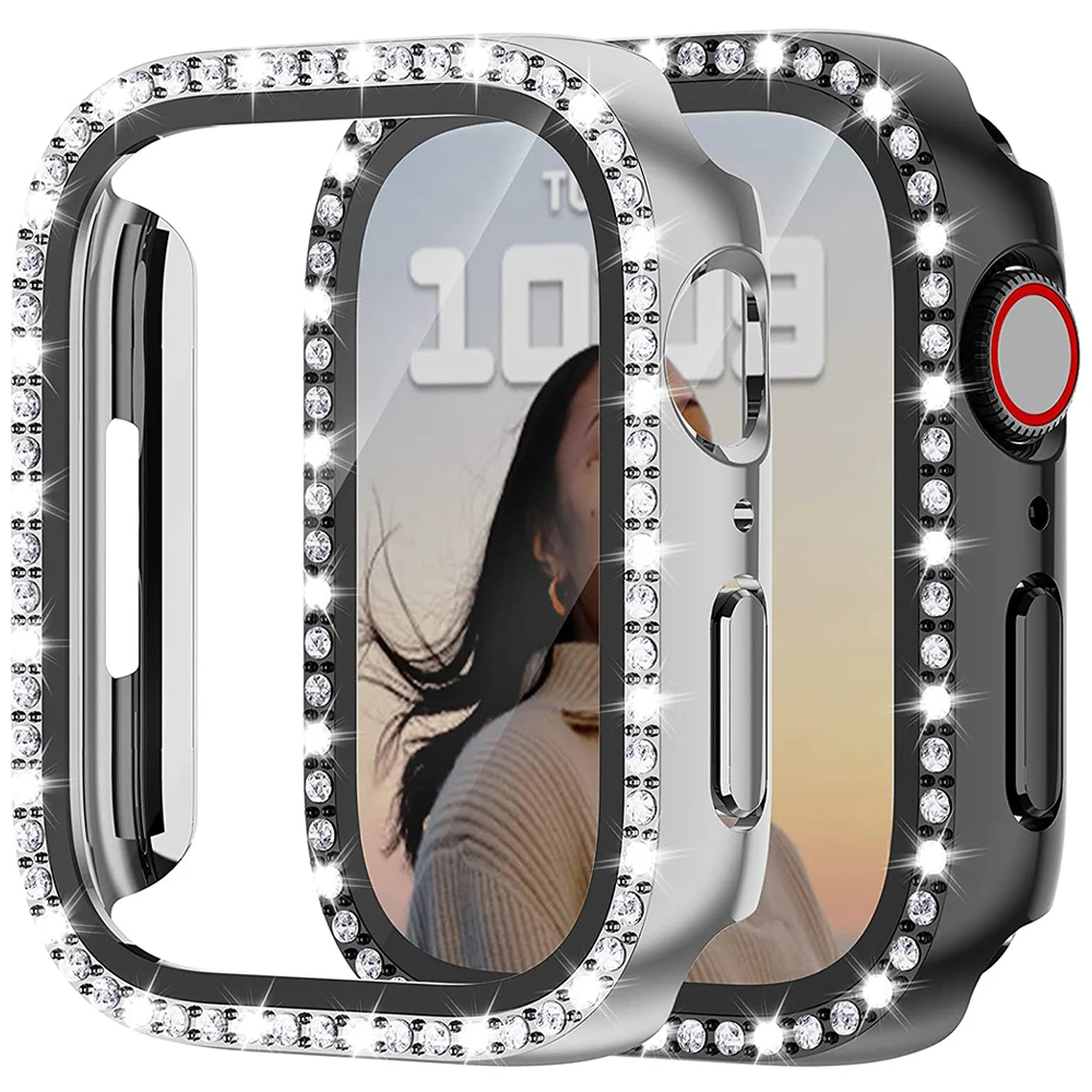 Стекло + чехол для часов Apple Watch 45 мм 41 мм 40 мм 44 мм 38 мм 42 мм Bling Case Diamond Bumper Protector для iwatchSE 9 8 7 6 5 4 3 2