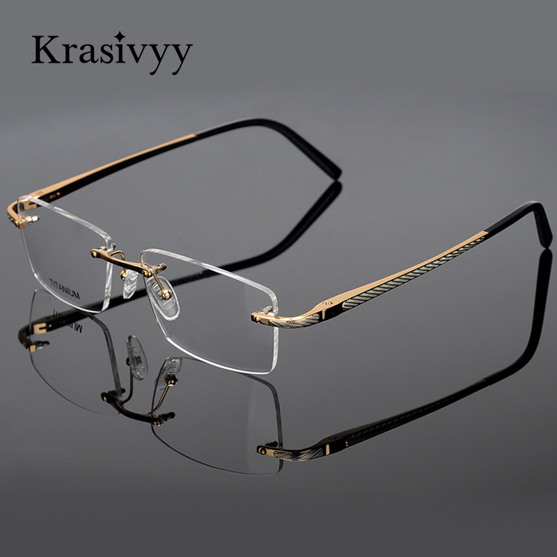 Gafas sin montura de la marca Krasivyy para hombre, montura cuadrada de titanio beta con bisagras de resorte, gafas ópticas europeas de alta calidad