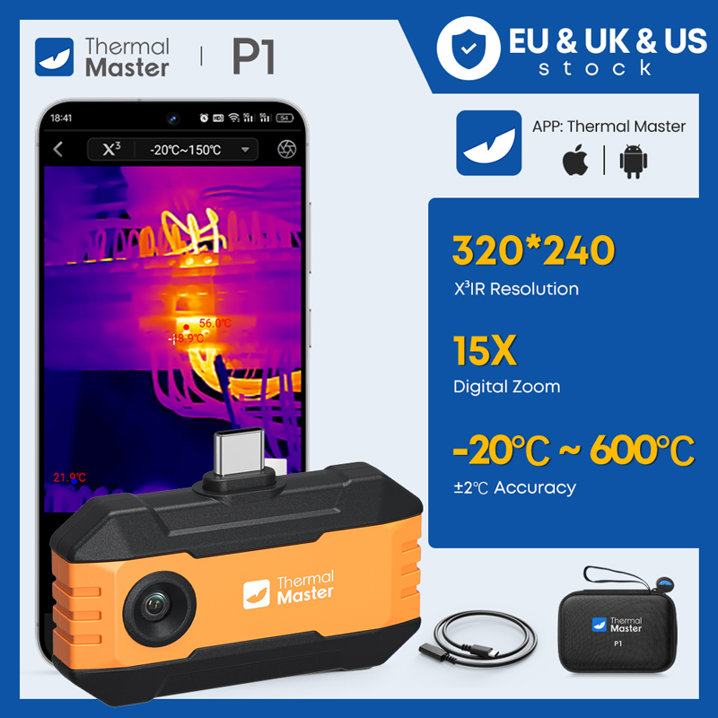 (iOS Android）P1 Thermal Camera 320*240 Razor Sharp Thermal Image 600℃ High Temp Range USB-C Infrared Thermal Imager for HVAC/ Building/ Electrical Inspection for iPhone and Android Smartphone 15x Digital Zoom 25Hz Thermal Master