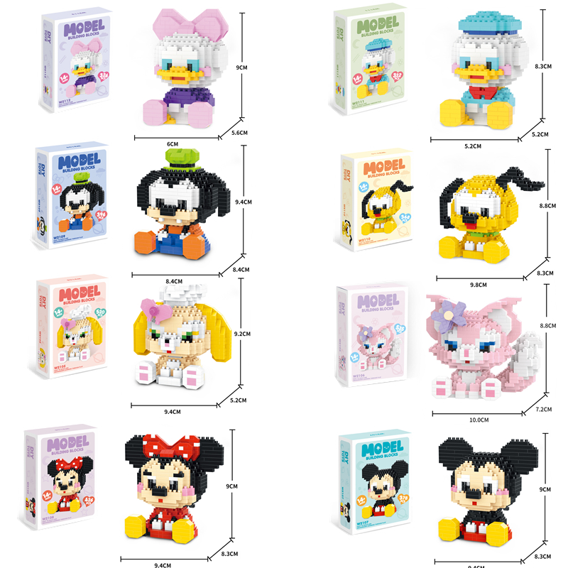 Bloques de construcción de animación de Disney, Mickey, Minnie, Tang, cachorro, modelo de dibujos animados, bloques de construcción en miniatura, muñeca de acción, juguetes para niños
